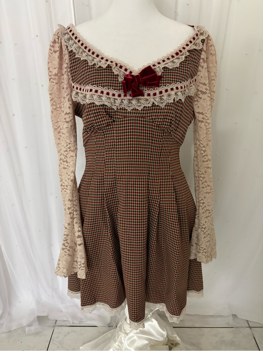 Lacemade Plaid Lace Accent Long Sleeve Fit & Flare Dress